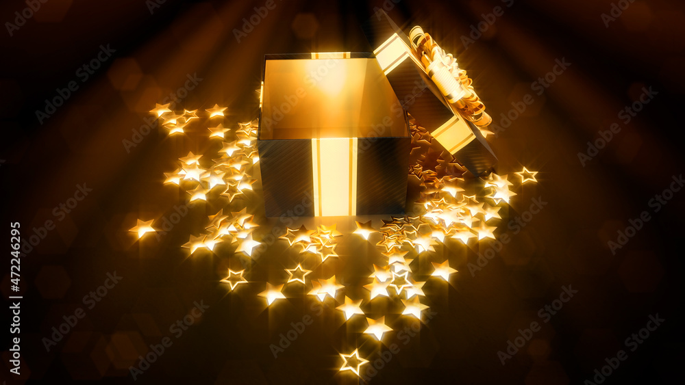 Poster black friday give-away opened present with light from inside - abstract 3d rendering