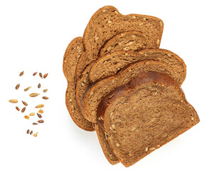 Sliced bread isolated on white background. Fresh Whole grain  Bread slices with crumbs close up. Bakery,  traditional food concept. Top view.