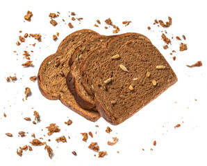 Sliced bread isolated on white background. Fresh Whole grain  Bread slices with crumbs close up. Bakery,  traditional food concept. Top view.
