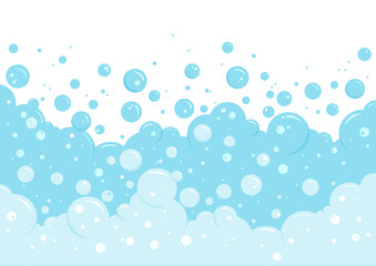 Blue foam bubble border, soap abstract frame, suds pattern. Transparent effervescent air bubbles stream isolated on white background. Cartoon soda pop. Fizzy drinks. Carbonated vector illustration - obrazy, fototapety, plakaty