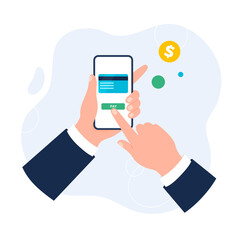 Hand holds a smartphone. Payment by mobile phone or app. Vector flat illustration isolated on the white background.