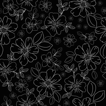 Vintage floral background. Seamless vector pattern for design and fashion prints. Floral pattern with white outline flowers and leaves on a black background.