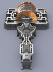 Disassembled steam turbine. Longitudinal view. 3d illustration