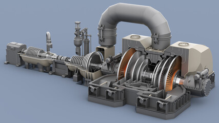 Steam turbine model. Partial cut. 3d illustration