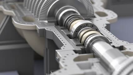 Plain bearing of a steam turbine. Axle connection. High speed oil bearing. 3d illustration - obrazy, fototapety, plakaty
