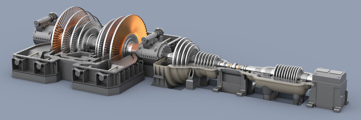 Fototapeta Steam turbine generator. Axle with impeller. The upper half of the body has been removed. 3d render obraz