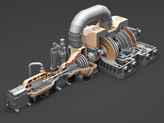 Steam turbine generator. Axle with impeller. A quarter of the hull has been removed. Condensing turbine. 3d render © Filipp