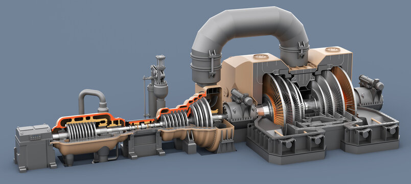 Steam turbine model. Axle with impellers. High pressure turbine, medium and low. Steam generator. 3d illustration
