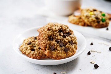 Homemade Oatmeal chocolate chip cookies, selective focus