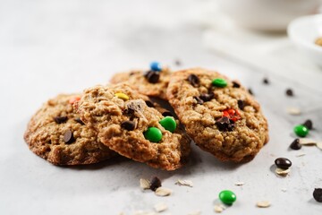 Homemade Oatmeal chocolate chip cookies, selective focus