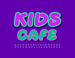Vector creative logo Kids Cafe. Bright Childish Font. Trendy sticker Alphabet Letters and Numbers set