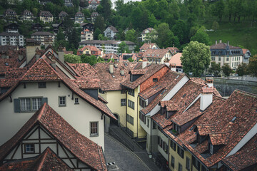 Fototapeta na wymiar A view of the cityscape of Bern, Switzerland with stone rooftops and streets below