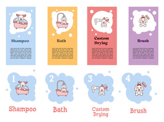 Cute icons dog grooming. Pets icon set with a dog that is grooming: colorful pastel flyers and bubble text steps. 
