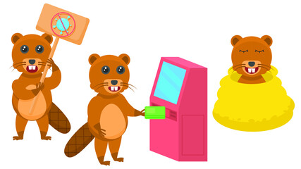 Set Abstract Collection Flat Cartoon 
Different Animal Beavers With A Sign Prohibiting Viruses, Withdraws Money From An ATM, Wrapped In Blanket  Vector Design Style Elements Fauna Wildlife
