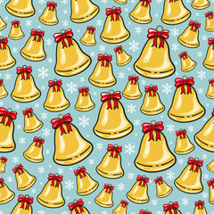 Hand Drawn Christmas Bells with Red Ribbon Bows and Falling Snow. New Year and Christmas Vintage Retro Seamless Pattern. Gold bells with ribbons and Snowflakes Texture. Wallpaper, gift wrapper, card.