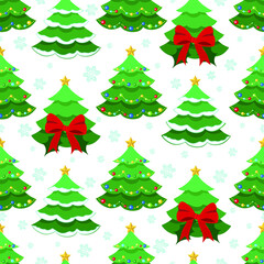 Christmas trees pattern New Year and Christmas different decorated tree seamless pattern Winter Falling snowflakes confetti texture New year tree with hanging balls and led lights with snow and ribbon
