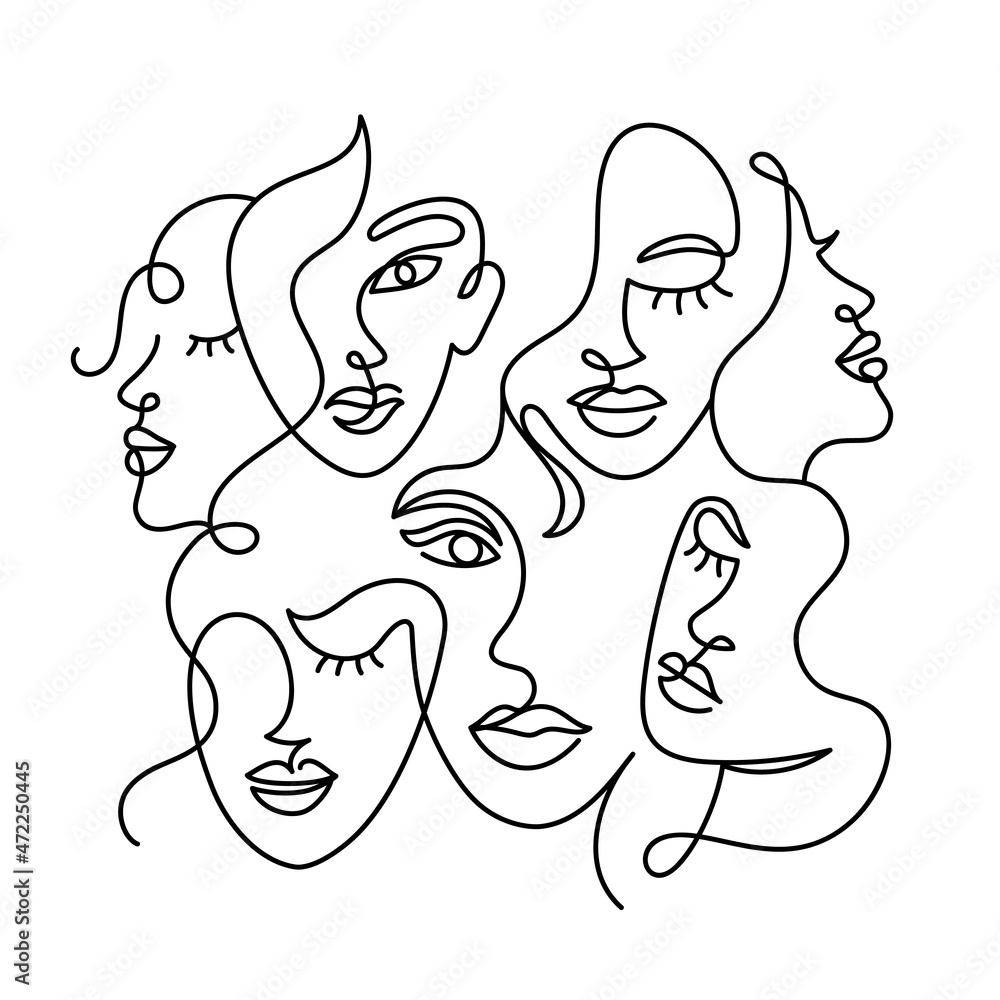 Wall mural Face of an abstract woman in a modern abstract minimalist one line style. Continuous black line faces simple drawing. Isolated on white. Vector fashion illustration.