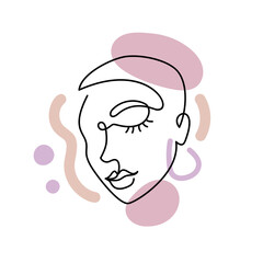 Face of an abstract woman with colorful shapes in a modern abstract minimalist one line style. Continuous black line simple drawing. Isolated on white. Vector fashion illustration.