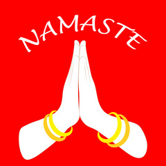 illustration hands folded in a namaste greeting pose on a red background - obrazy, fototapety, plakaty