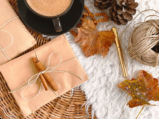 Autumn decorations and gifts on table, background, mockup