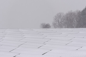 Array of solar modules in solar park on field completely covered with snow in winter during...