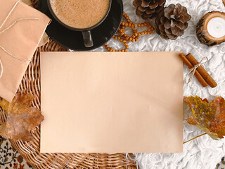 Autumn decorations and empty vintage paper, background, mockup