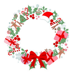 Decorative Vector Flat Design Christmas Wreath Christmas Wreath Template Isolated on White Background New Year Wreath with Christmas decorations. Holiday entrance, door, shops and markets decoration.