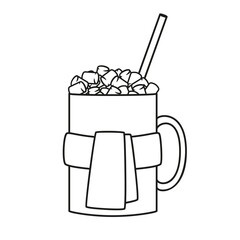 A mug with a winter scarf and marshmallow. Vector linear illustration isolated on white background