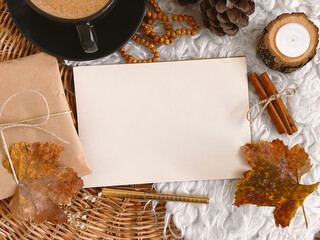 Autumn decorations and empty vintage paper, background, mockup