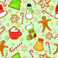 Christmas Ginger cookies Seamless Pattern. Vector cute design Pattern of Gingerbread cookies with snowflakes texture.