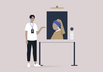An art gallery guide showing visitors a classic painting during the sightseeing tour