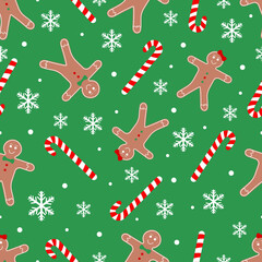Christmas Cookies or Biscuits with candy canes snow flakes vector seamless pattern Christmas sweets and decorations texture Can be used as wallpaper card or banner template gift wrapping paper or else