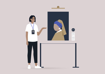 An art gallery guide showing visitors a classic painting during the sightseeing tour