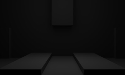 3D black geometric room mockup. Dark background.