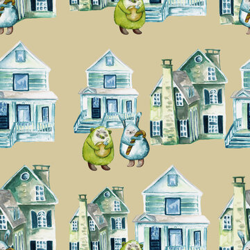 watercolor illustration seamless pattern old retro houses,Christmas soft toys with a ball and a lollipop,for wallpaper or fabric