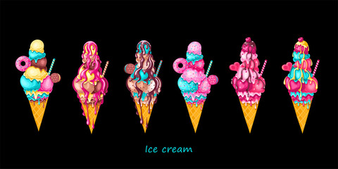 Strawberry, vanilla, caramel, mint and chocolate ice cream	
