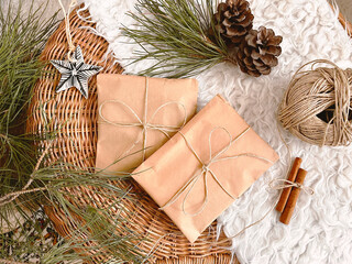 Christmas decorations and gifts on table, background, mockup