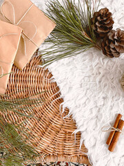 Christmas decorations on table with space, background, mockup