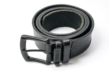 Mens black genuine leather belt Isolated over white background with clipping path included
