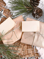 Christmas decorations and gifts on table, background, mockup