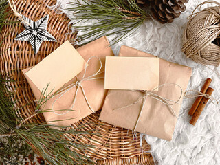 Christmas decorations and gifts on table, background, mockup