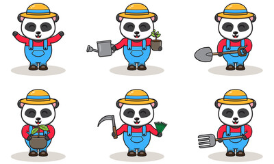 Vector illustration of Panda farmer cartoon. Cute Panda farmer character design with straw hat. Character flat design.