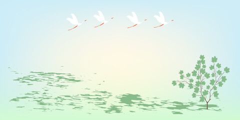 Flock of flying cranes, spring landscape - illustration, vector. Horizontal banner.