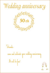 Wedding wreath and champagne glasses. Congratulations on the 50th wedding anniversary.Text and wishes.Template for postcards, digital vector graphic illustrations