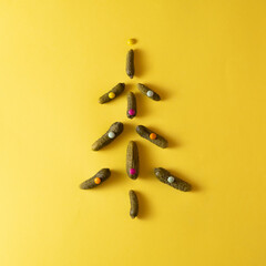 Christmas tree made of cucumbers and candies.Trendy minimal New Year concept. Winter nature flat lay.