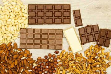 assortment of nuts : hazelnuts, walnuts, almonds and chocolate bars on wood table 