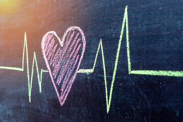 Drawing of the heart and pulse curve on a chalk Board.