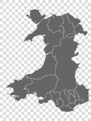 Blank map of Wales. High quality map with regions of Wales on transparent background for your web site design, app, UI. United Kingdom. EPS10.
