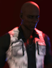Low key lit portrait of a bald african american military man in a black shirt with camouflage tactical vest in red and blue rim light. 3D render.