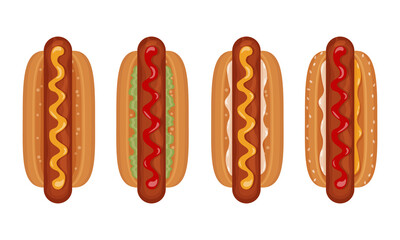 An appetizing set of four hot dogs top view Delicious juicy hot dogs with sausage, ketchup, mayonnaise, mustard and lettuce leaves. Fast food in cartoon style. Vector illustration on white background